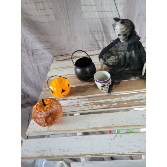 Pumpkin mini basket Grim reaper skeleton Halloween decor home set - Picture 1 of 9